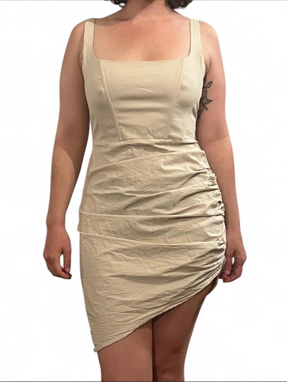 NWOT Isalis Ruched Square Neck Corset Boned Mini Dress Size L Cotton Tan Cream